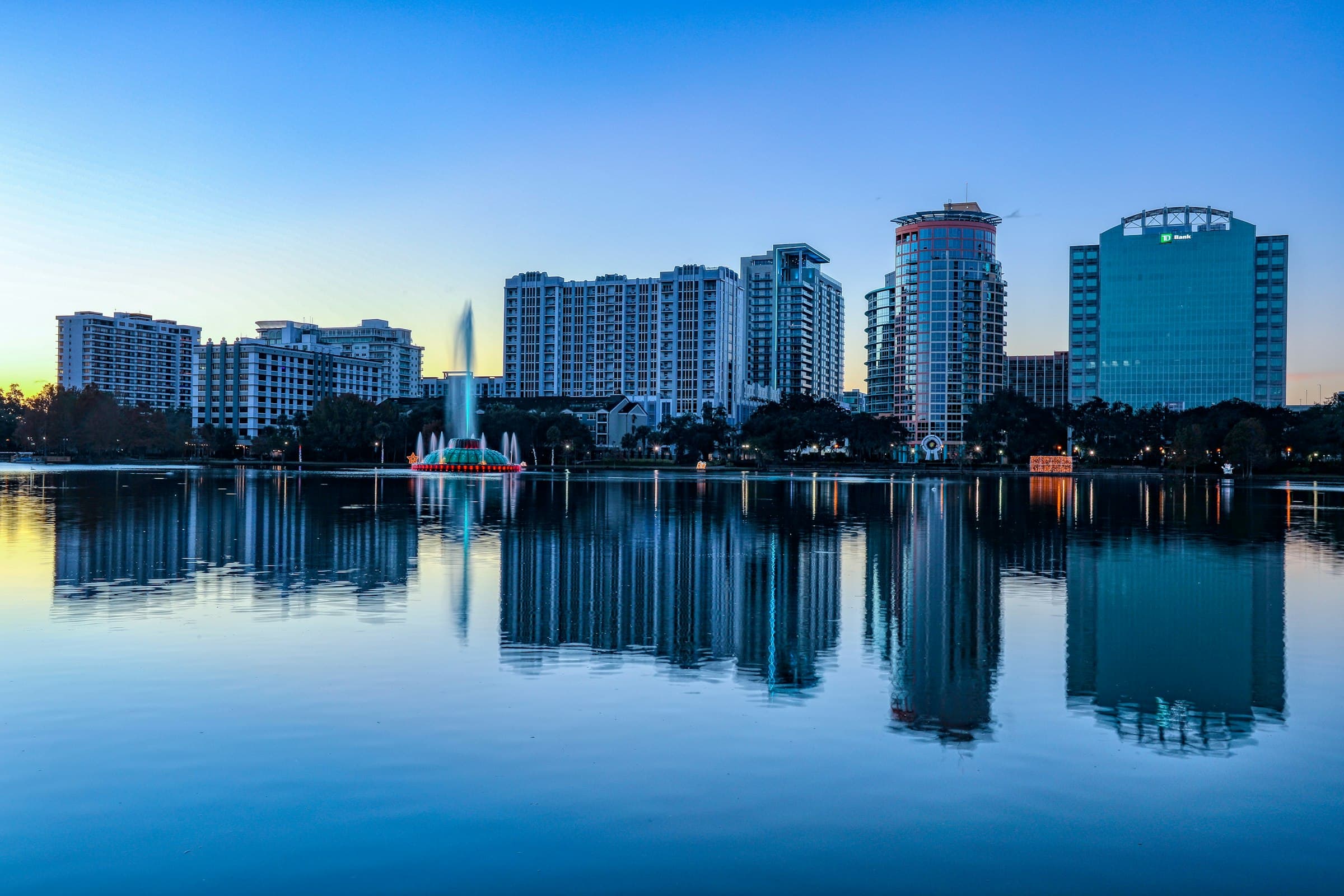 Downtown Orlando skyline reflected on Lake Eola